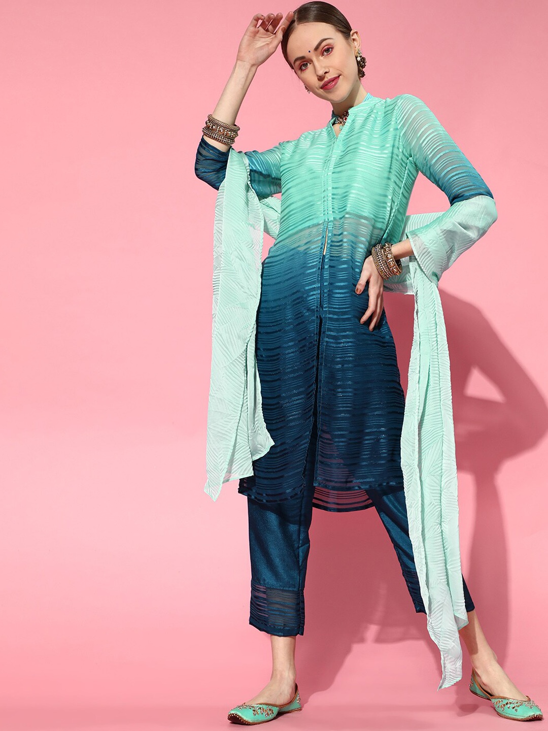 

Indo Era Women Striped High Slit Kurta With Trousers & Dupatta, Sea green