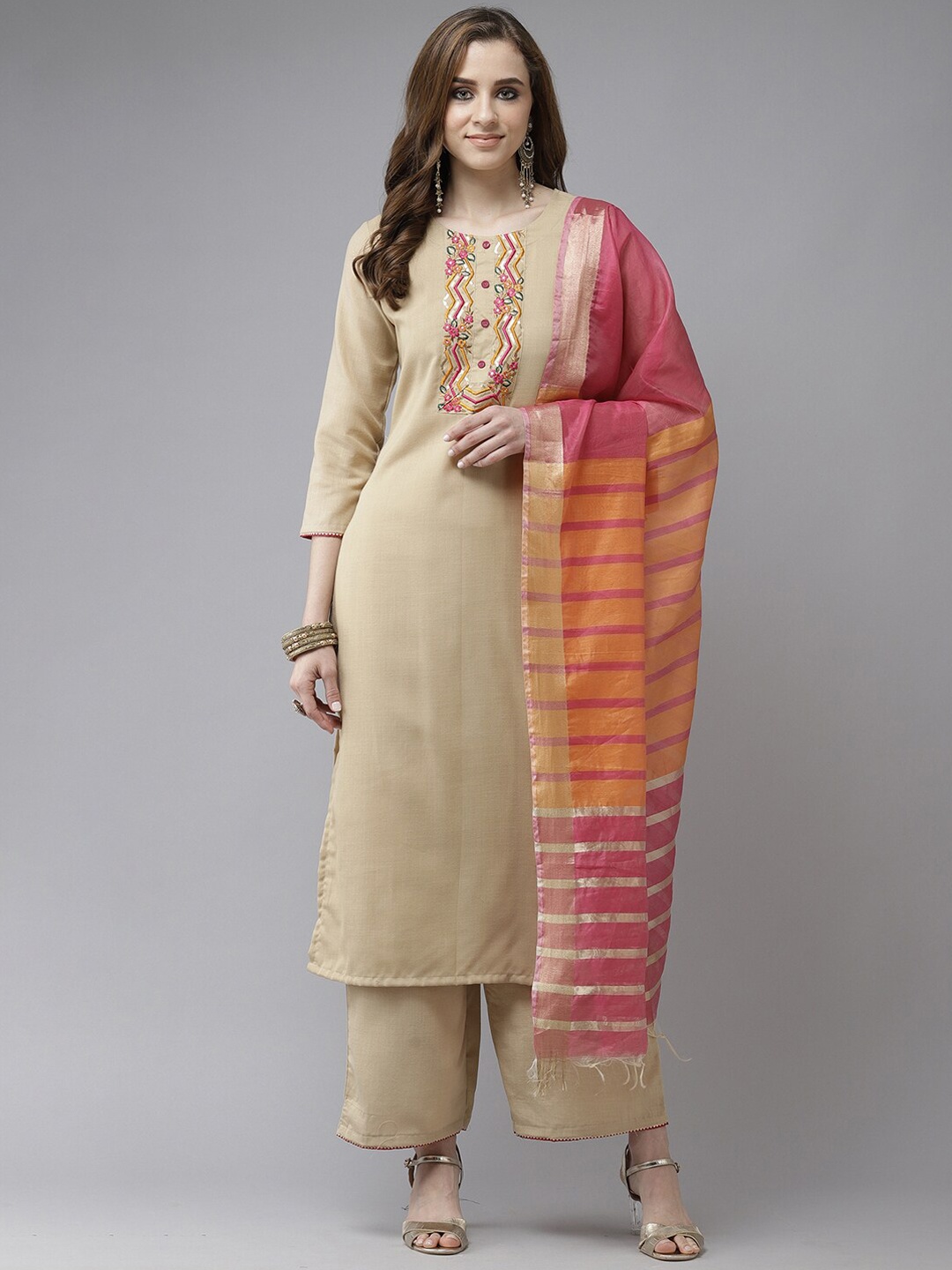 

Indo Era Women Floral Embroidered Thread Work Kurta With Palazzos & Dupatta, Beige