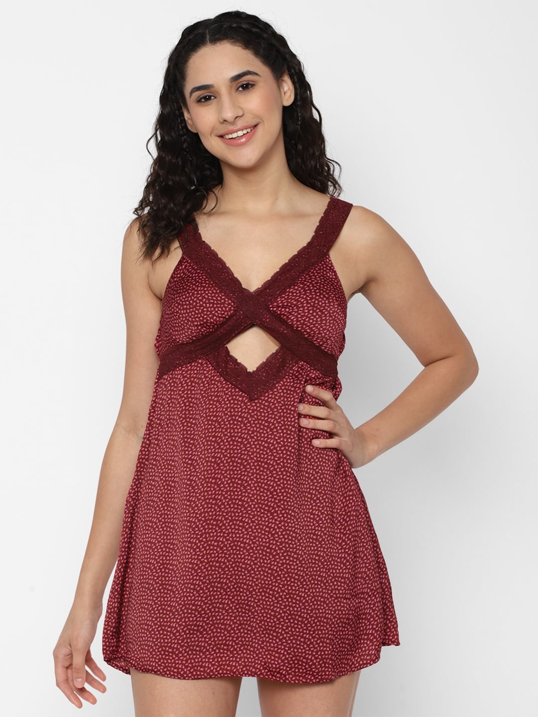 

AMERICAN EAGLE OUTFITTERS Printed Shoulder Straps Mini Dress, Burgundy