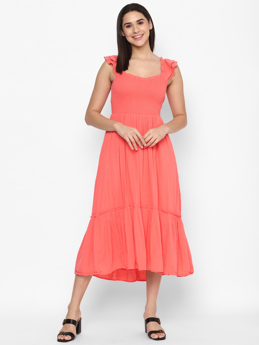 

AMERICAN EAGLE OUTFITTERS Tiered Midi Cotton Dress, Peach