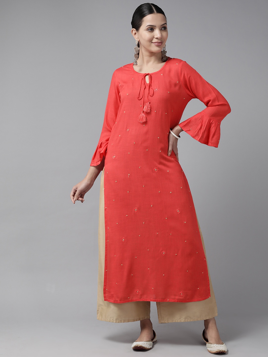 

Prakrti Floral Embroidered Flared Sleeves Kurta, Coral