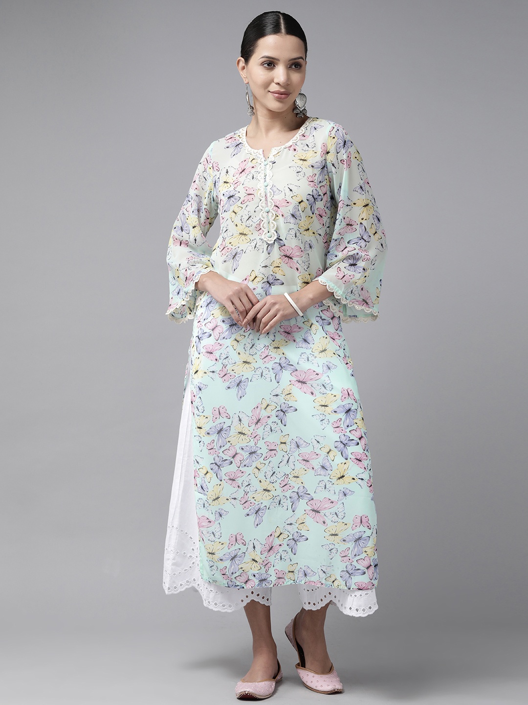 

Prakrti Floral Printed Thread Work Georgette Kurta, Sea green