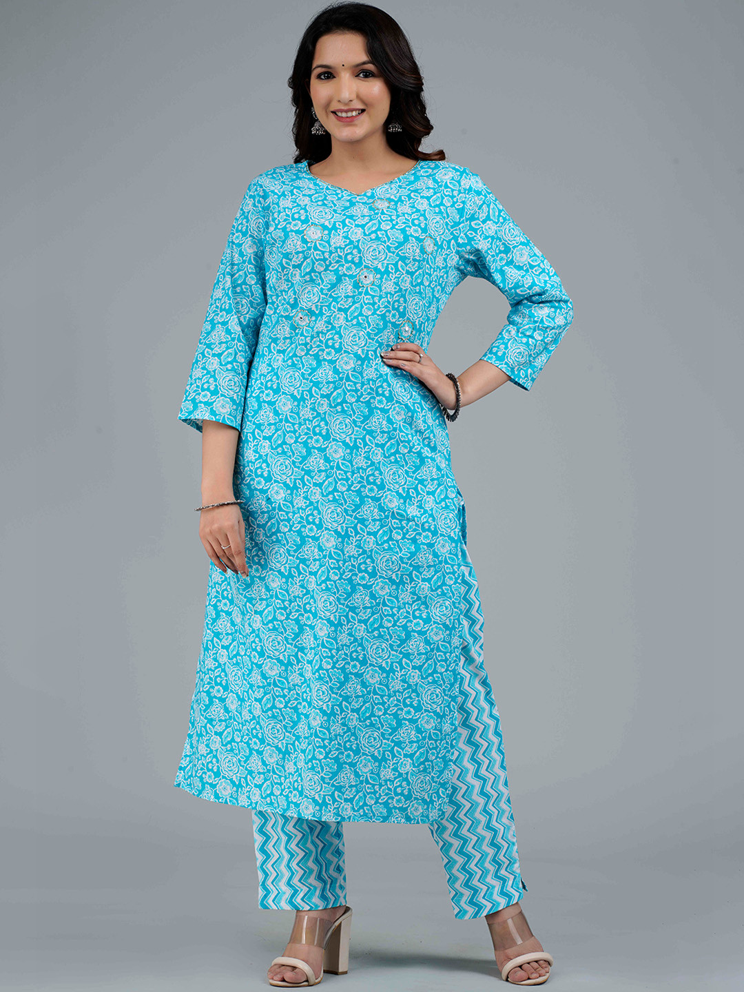 

NITVAN Women Floral Printed Zari Detail Pure Cotton Kurta with Trousers, Blue
