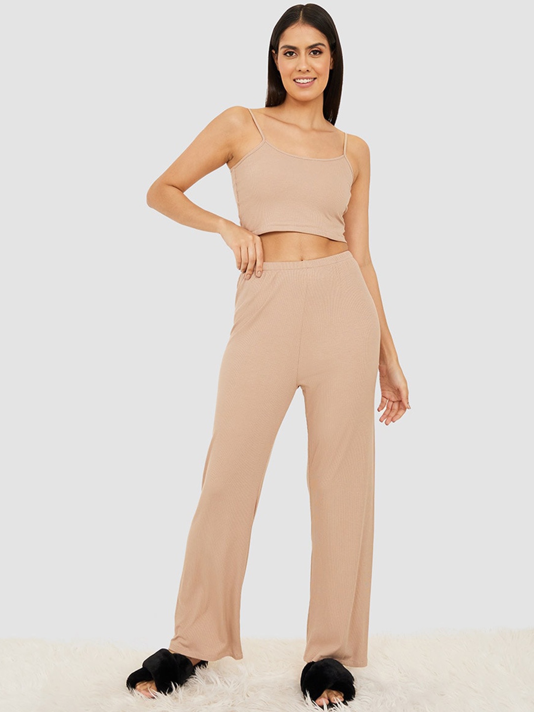 

Styli Women 3 Piece Cami & Pyjamas With Cardigan Night Suit, Beige