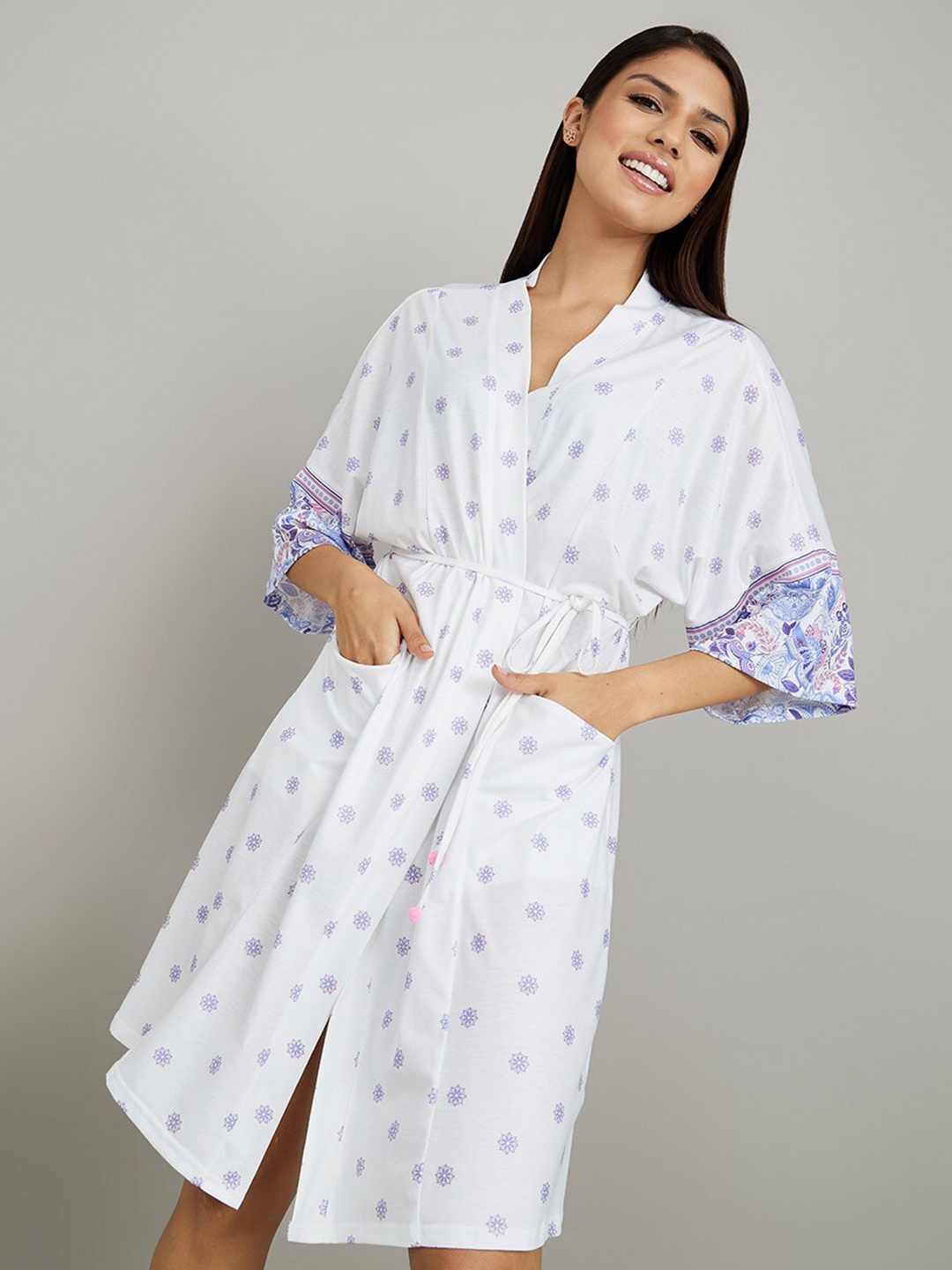 

Styli Floral Printed Wrap Nightdress, White