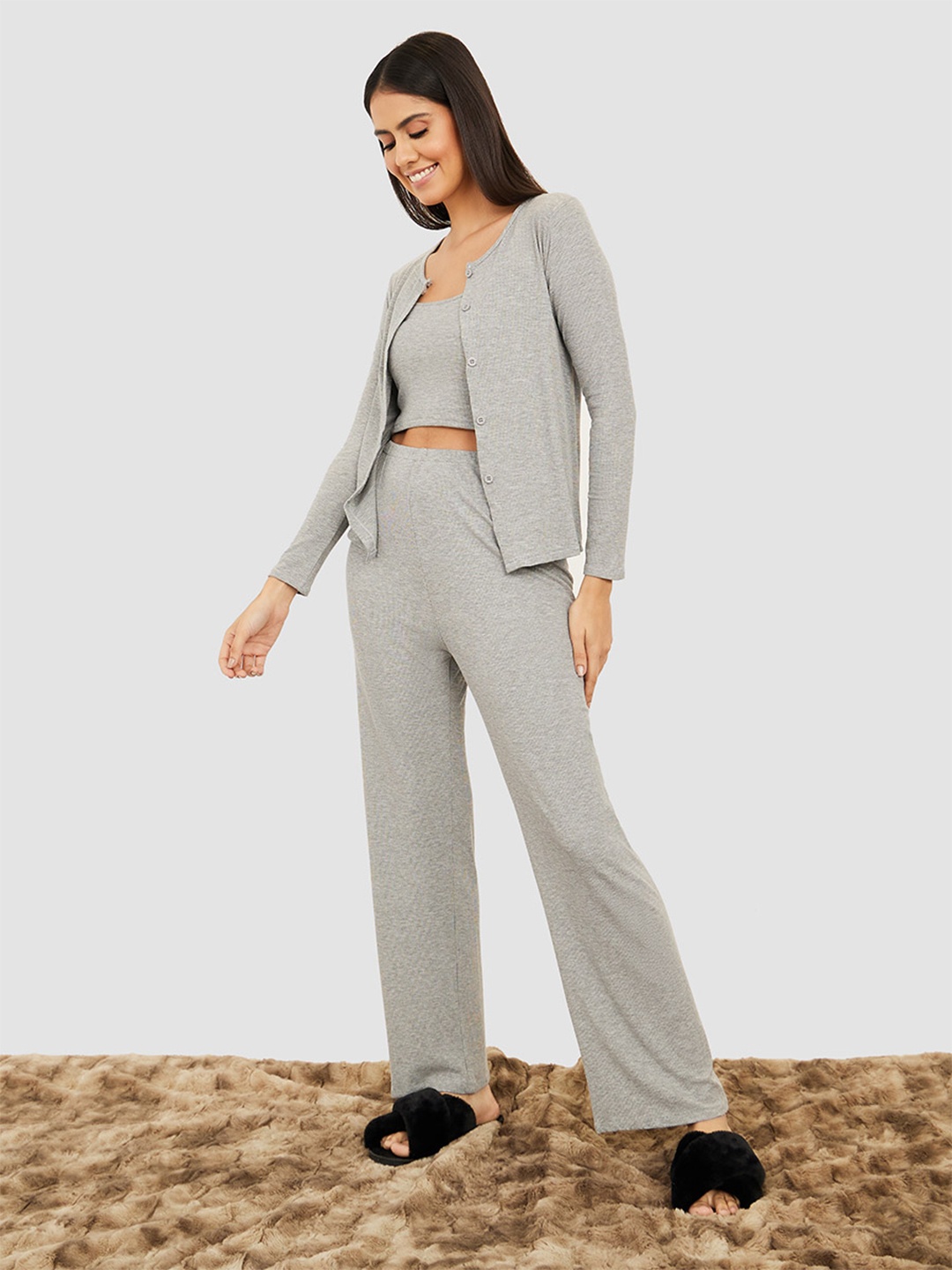 

Styli Women 3 Piece Cami & Pyjamas With Cardigan Night Suit, Grey