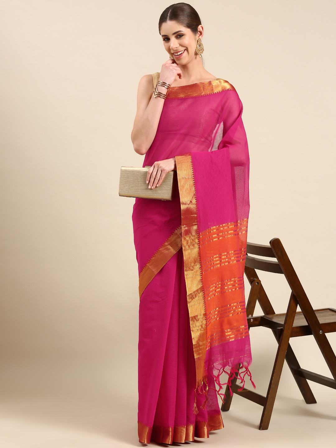 

aamna Zari Woven Design Pure Cotton Mangalagiri Saree, Pink