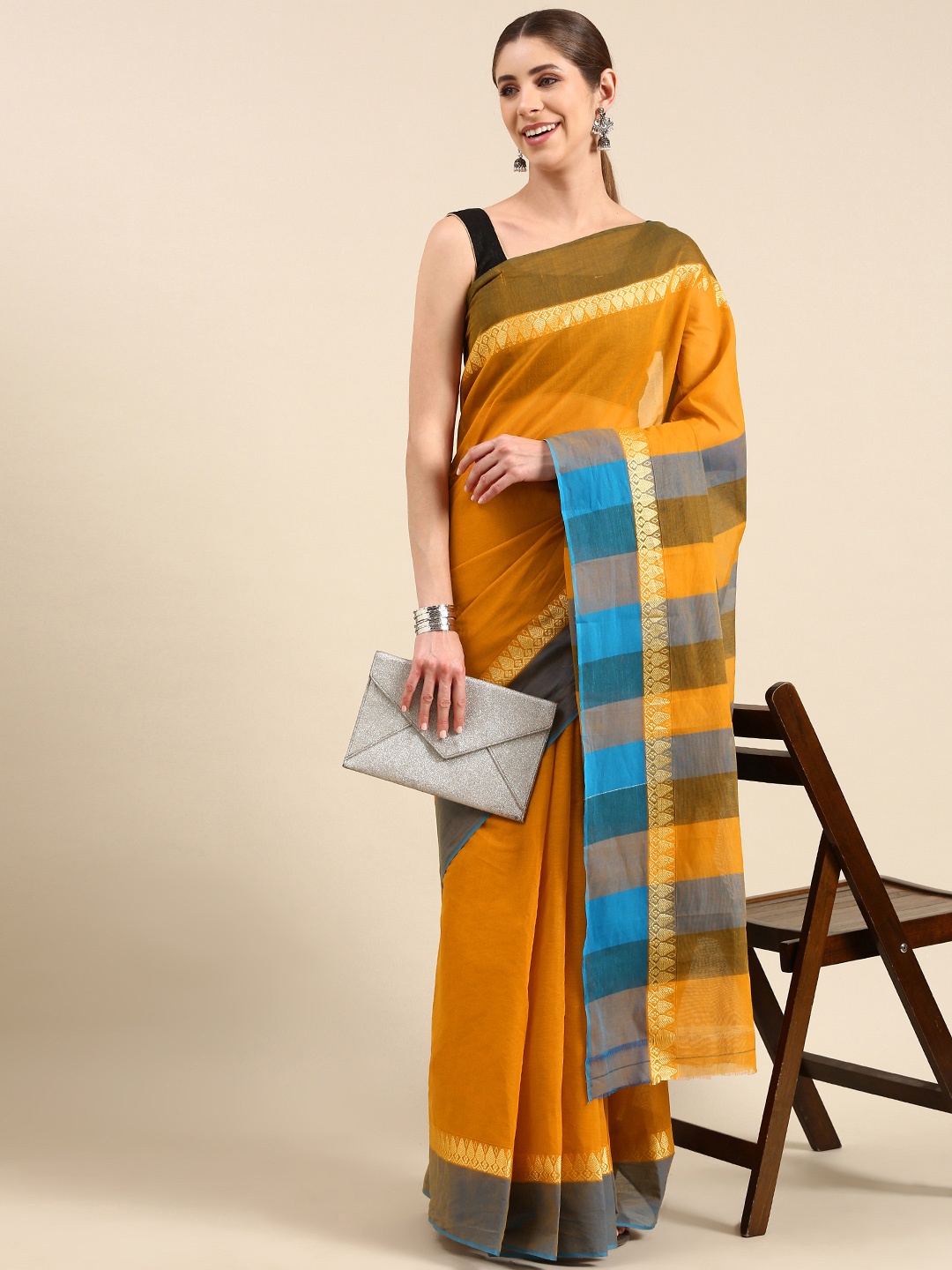 

aamna Woven Design Pure Cotton Mangalagiri Saree, Mustard