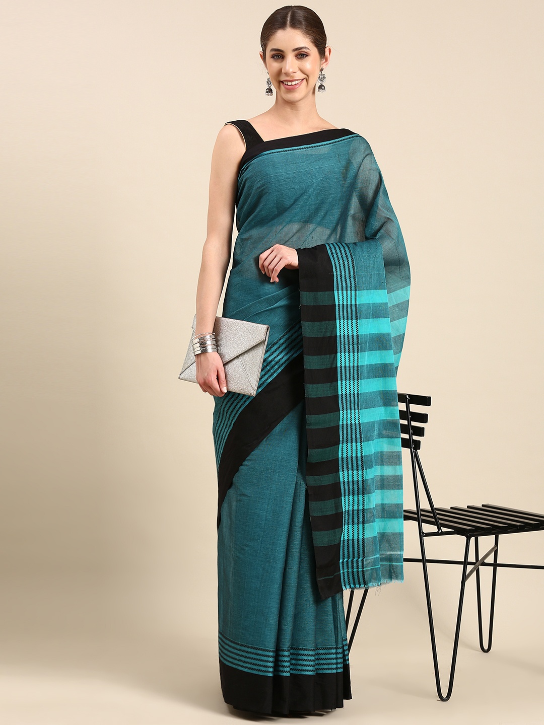 

aamna Woven Design Pure Cotton Mangalagiri Saree, Blue