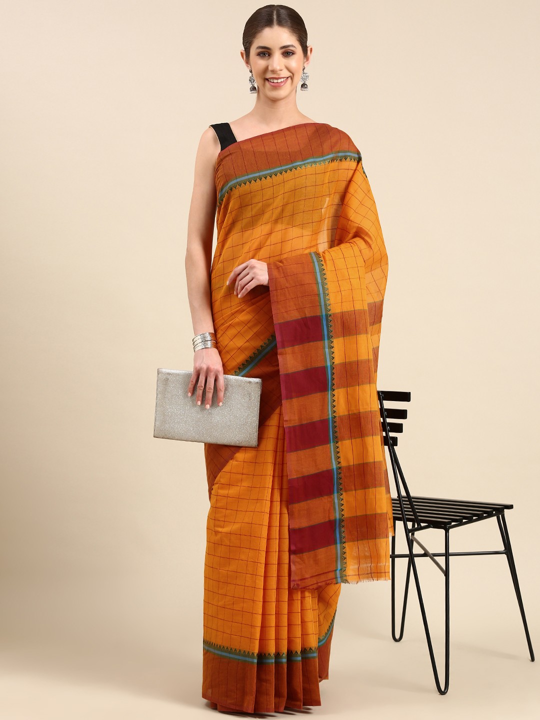 

aamna Woven Design Checked Pure Cotton Mangalagiri Saree, Yellow