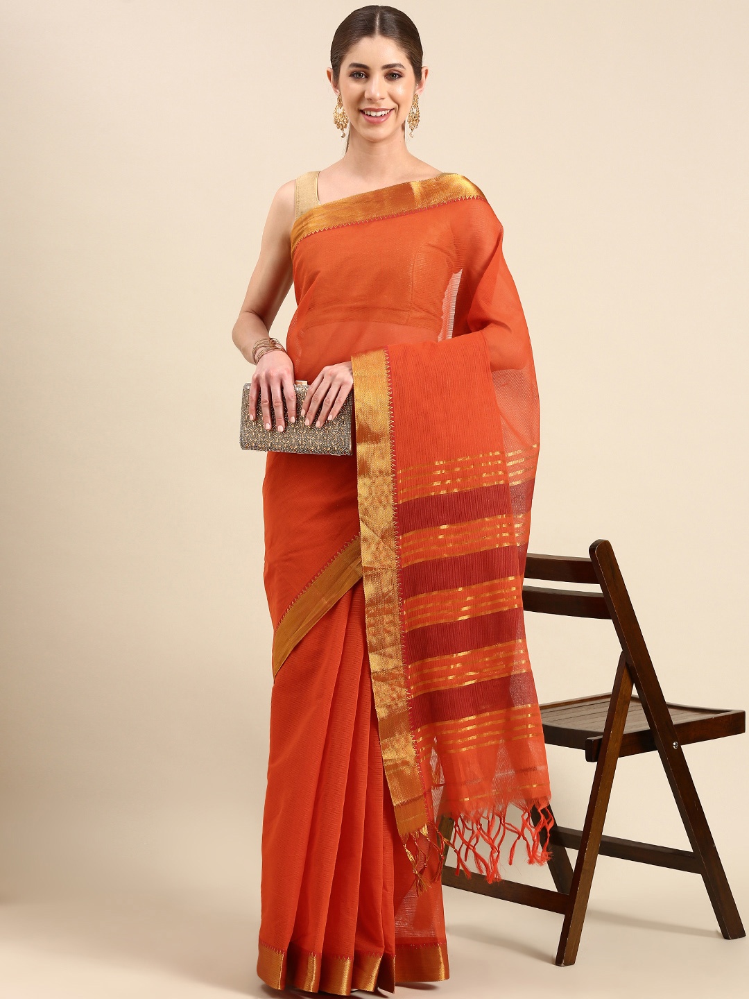 

aamna Zari Woven Design Pure Cotton Mangalagiri Saree, Orange