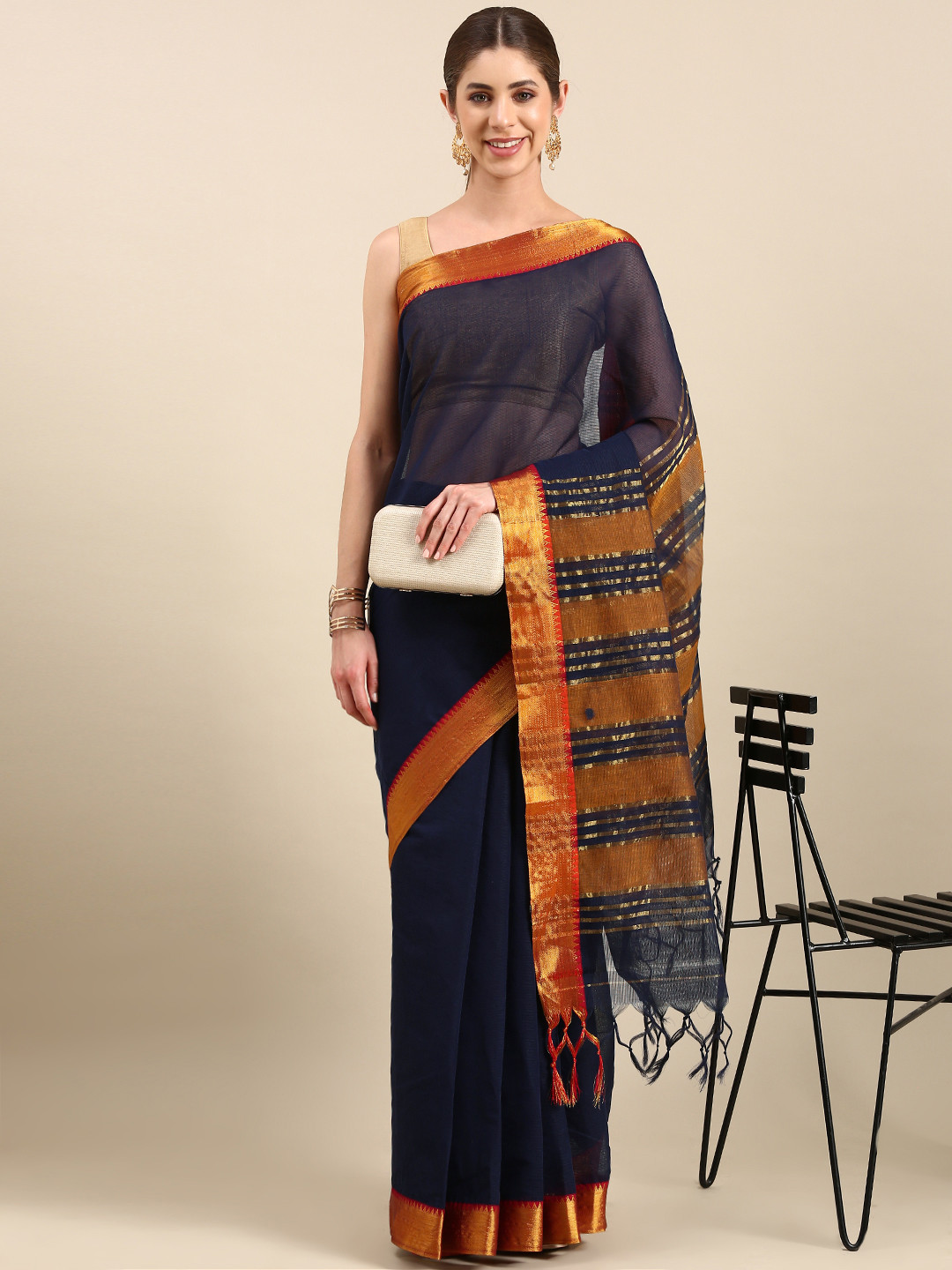 

aamna Zari Woven Design Pure Cotton Mangalagiri Saree, Navy blue