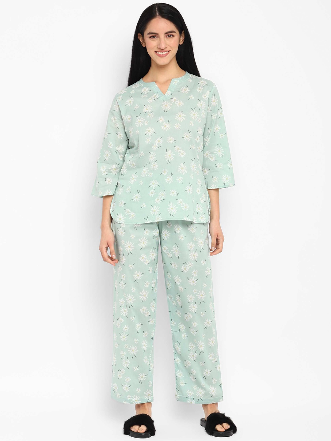 

shopbloom Women 2 Pieces Floral Printed Pure Cotton Night Suit, Blue