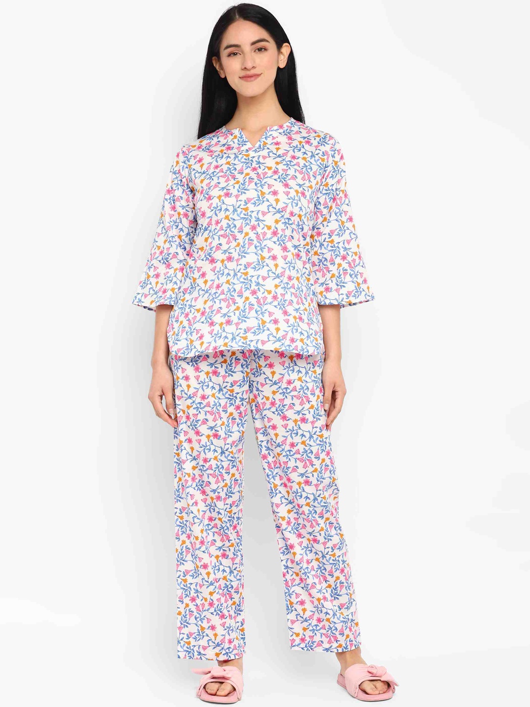 

shopbloom Women 2 Pieces Floral Printed Pure Cotton Night Suit, Blue