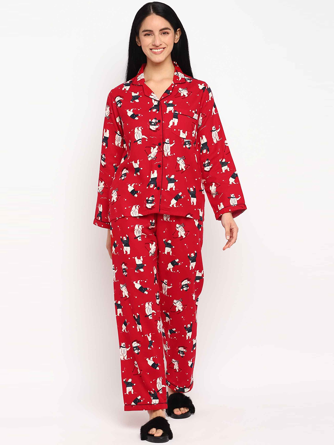 

shopbloom Women 2 Pieces Graphic Printed Pure Cotton Night Suit, Red