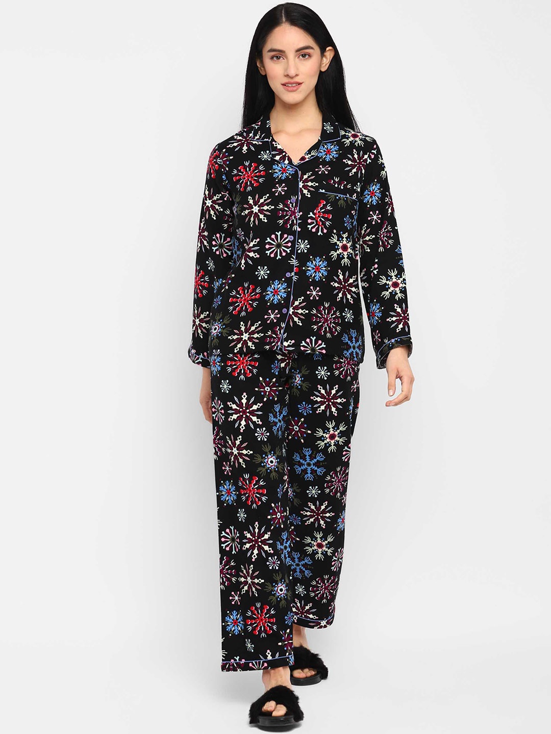 

shopbloom Women Printed Pure Cotton Night Suit, Black