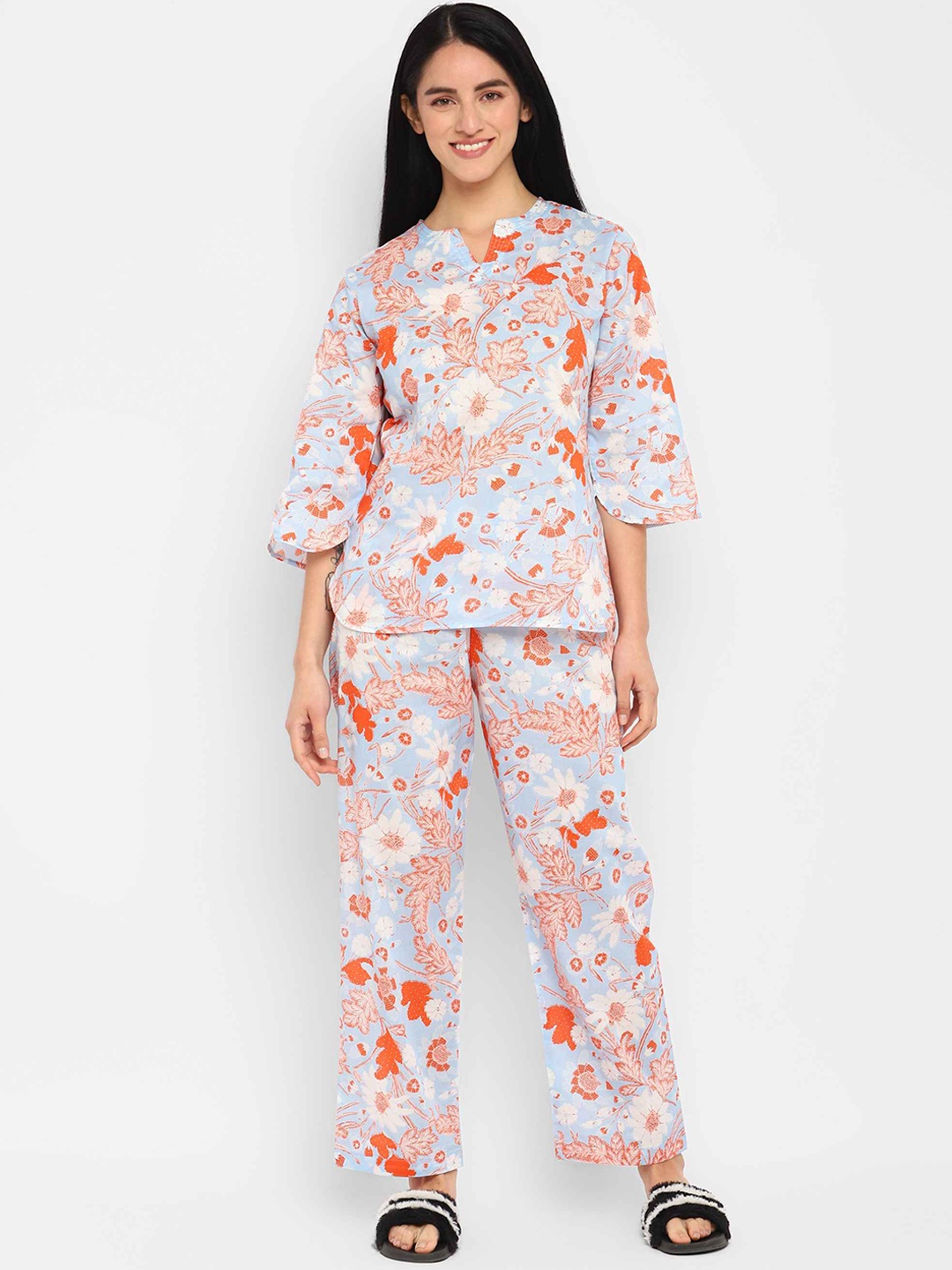 

shopbloom Women 2 Pieces Floral Printed Pure Cotton Night Suit, Orange