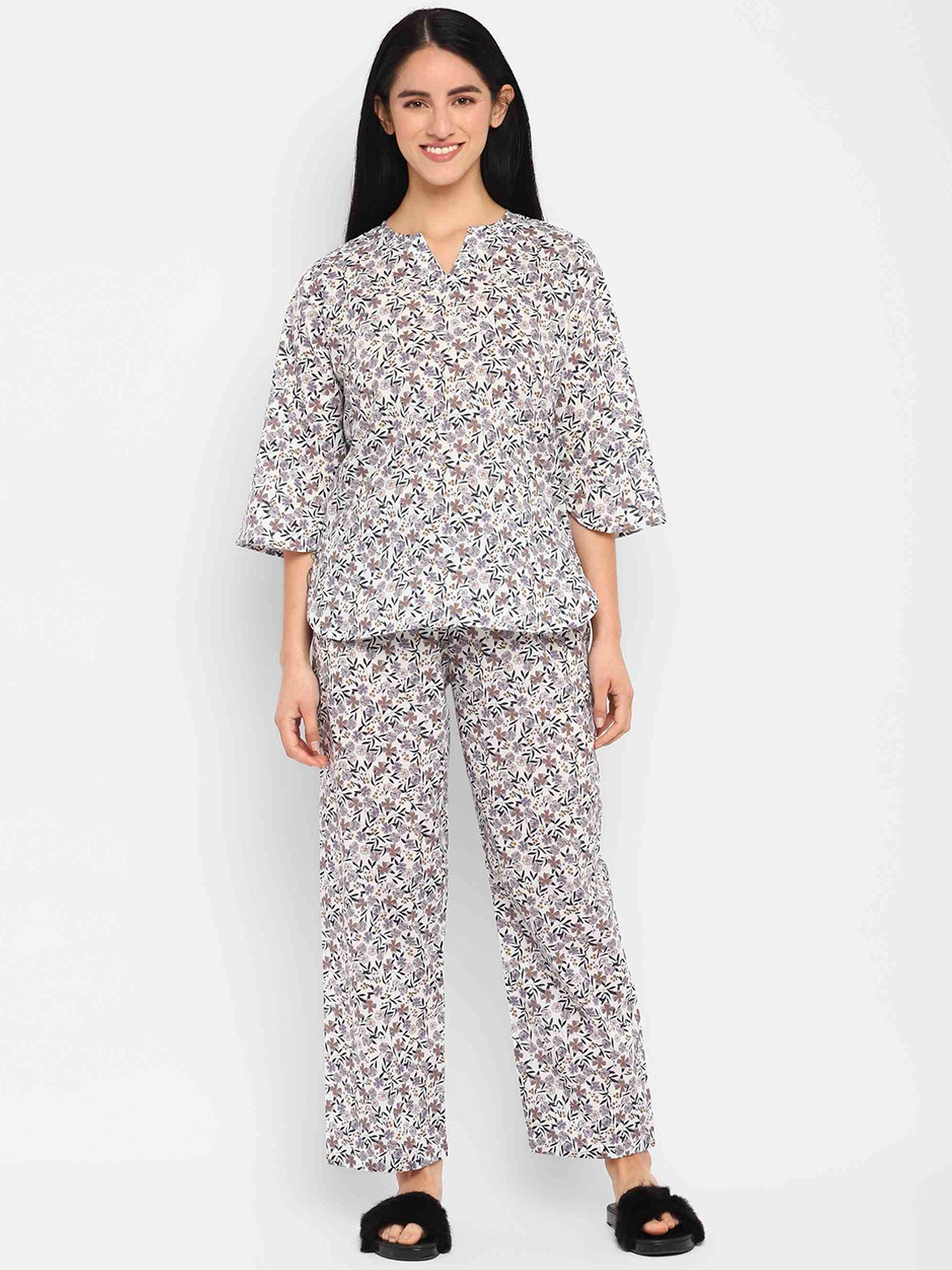 

shopbloom Women 2 Piece Printed Pure Cotton Night Suit, Grey