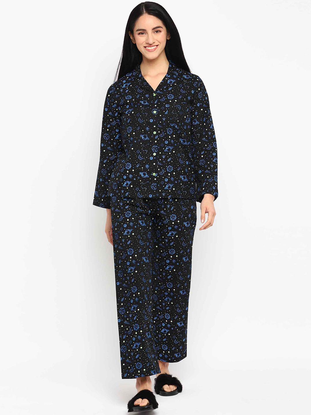 

shopbloom Women Conversational Printed Pure Cotton Night Suit, Black