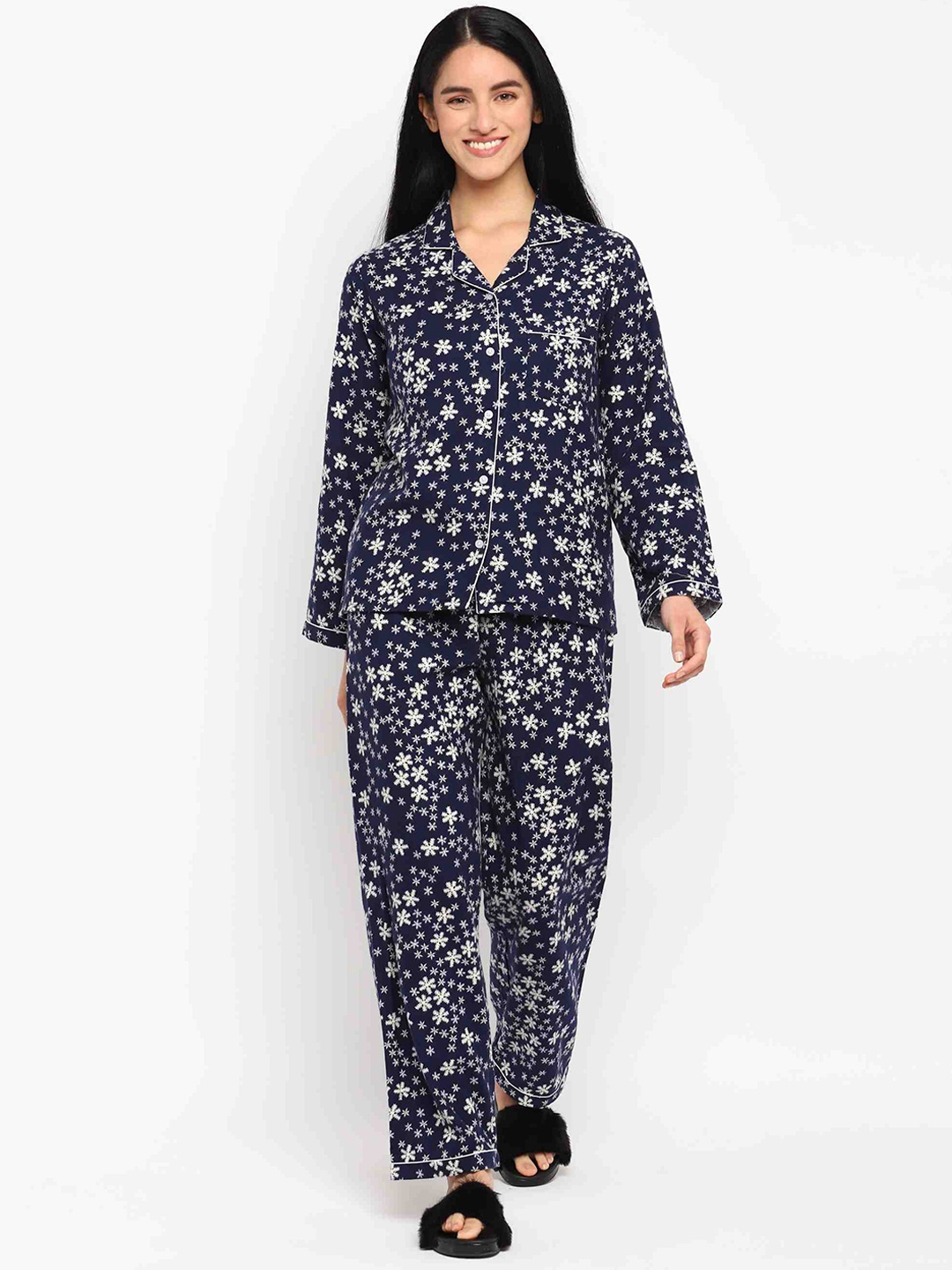 

shopbloom Women Conversational Printed Pure Cotton Night Suit, Blue
