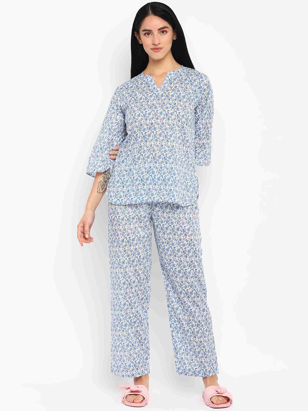 

shopbloom Women 2 Pieces Floral Printed Pure Cotton Night Suit, Blue