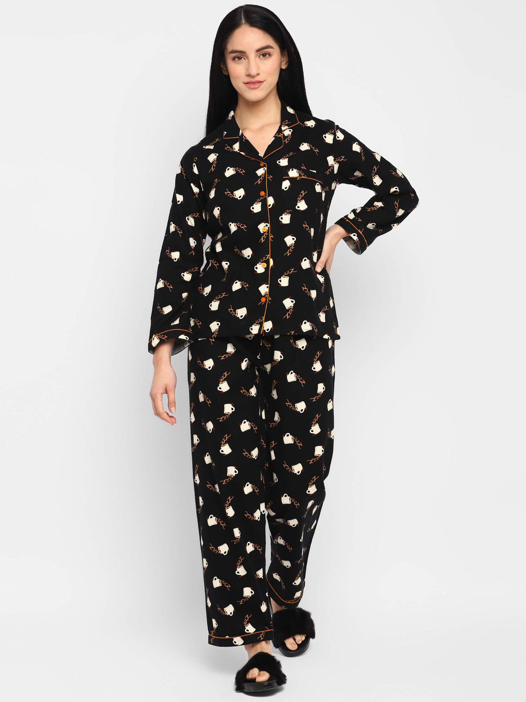 

shopbloom Women 2 Pieces Graphic Printed Pure Cotton Night Suit, Black