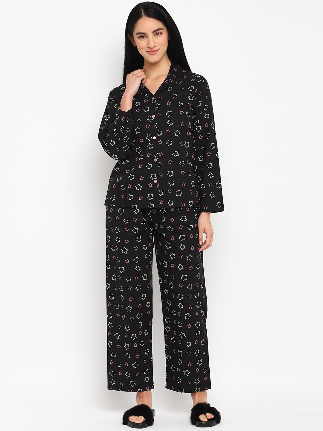 

shopbloom Women Conversational Printed Pure Cotton Night Suit, Black