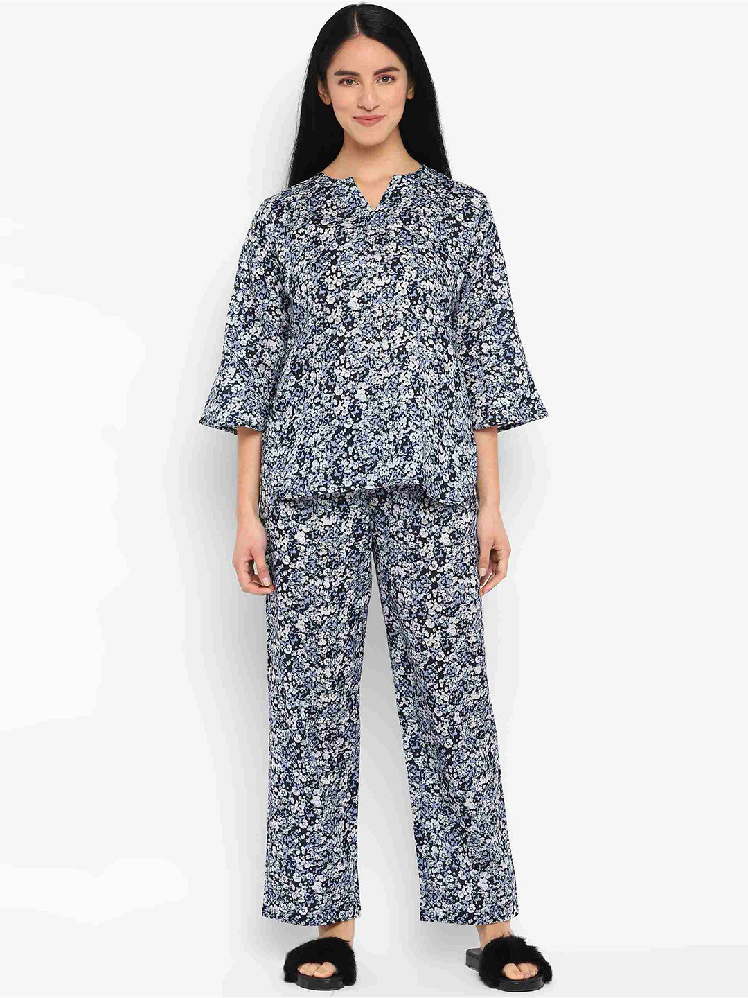 

shopbloom Women 2 Pieces Floral Printed Pure Cotton Night Suit, Blue