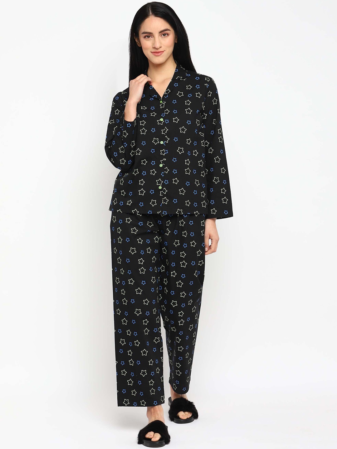

shopbloom Women 2 Pieces Floral Printed Pure Cotton Night Suit, Black