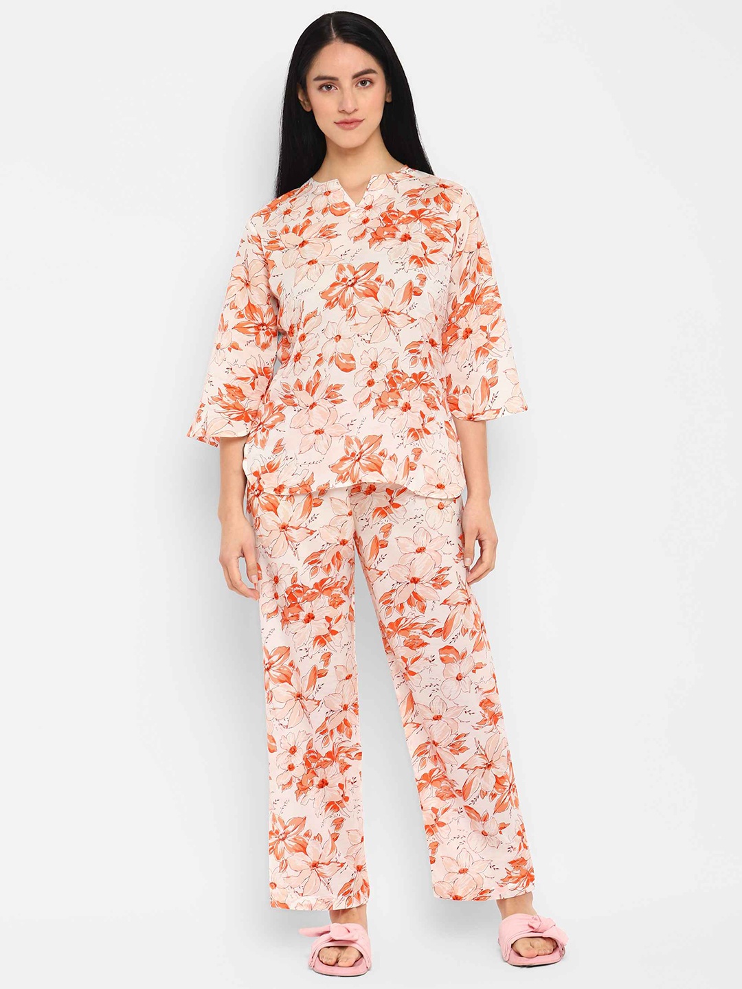

shopbloom Women 2 Pieces Floral Printed Pure Cotton Night Suit, Orange