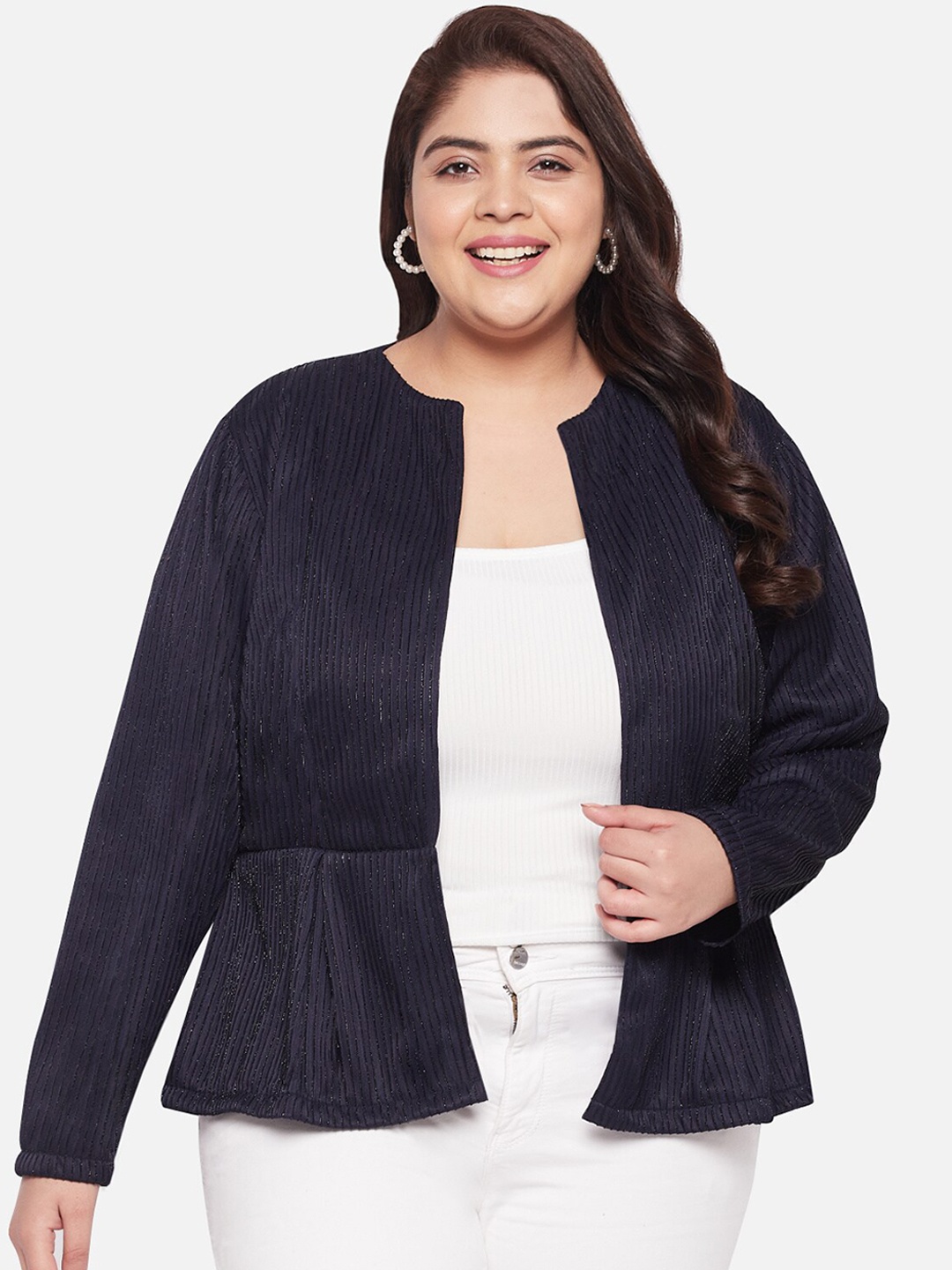 wild U Plus Size Shimmer Front Open Jacket, Navy blue