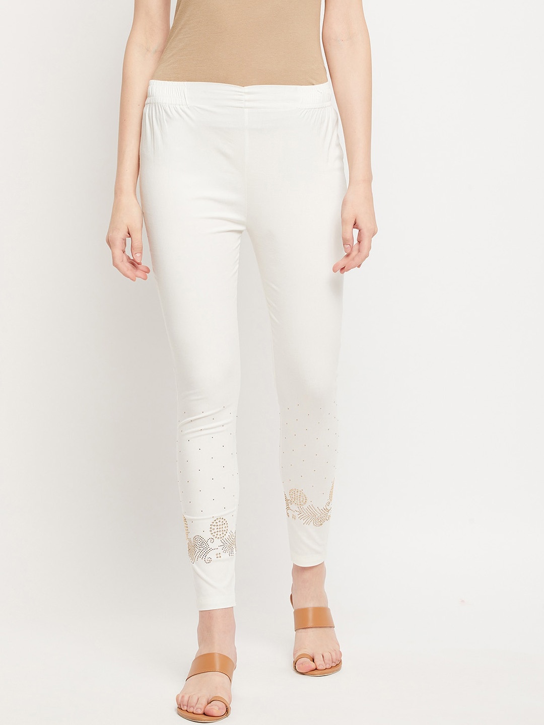 

Clora Creation Women Embellished Cigarette Trousers, Cream