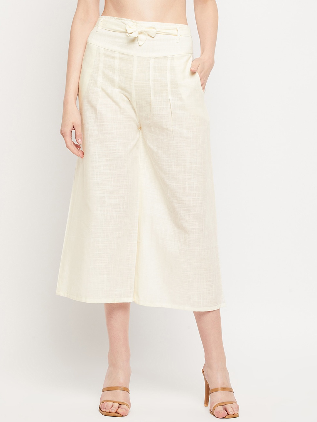 

Clora Creation Women Smart Pleated Cotton Culottes, Cream