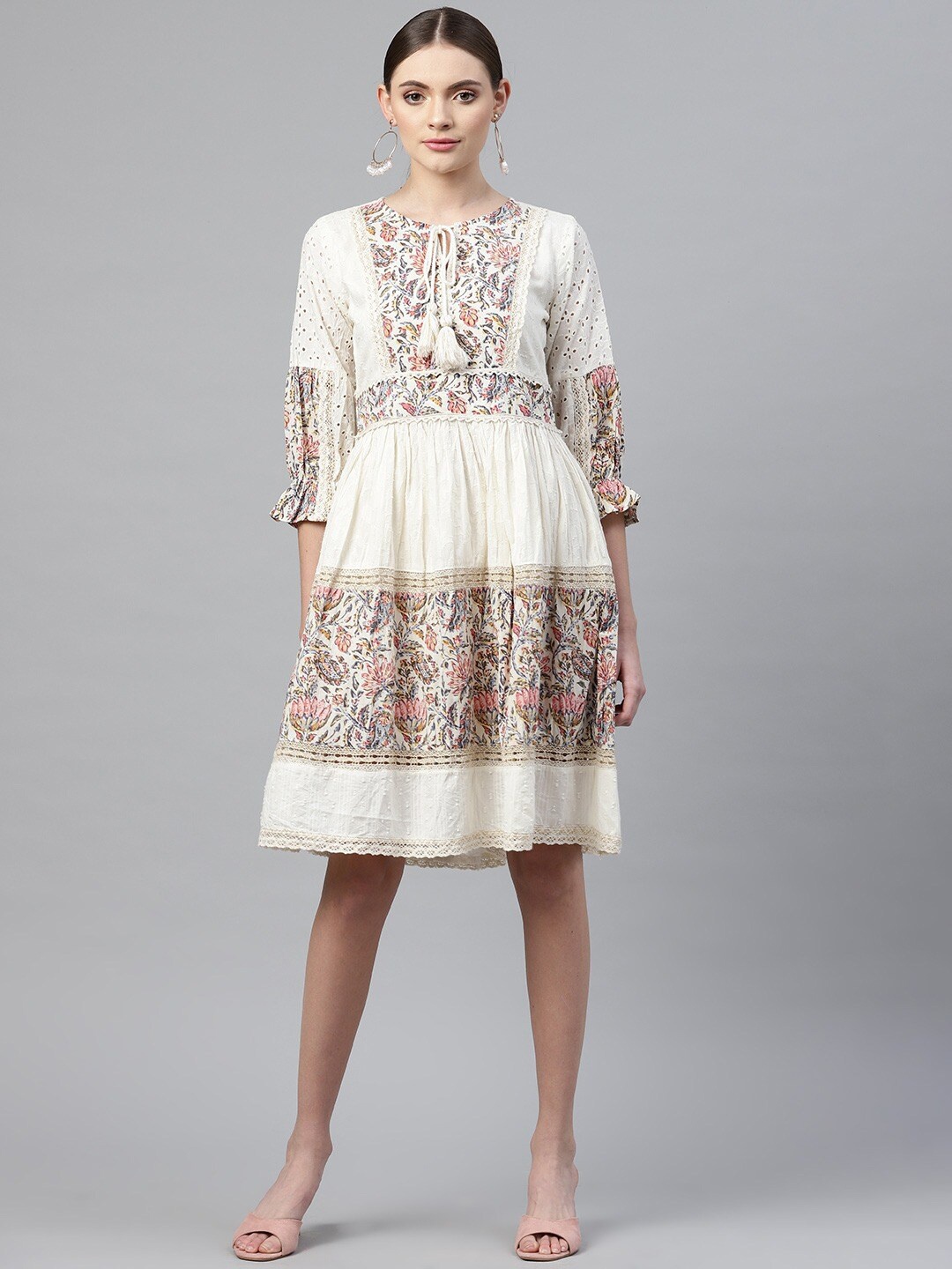 

Readiprint Fashions Ethnic Motifs Printed Tie-Up Neck Fit & Flare Cotton Dress, Off white