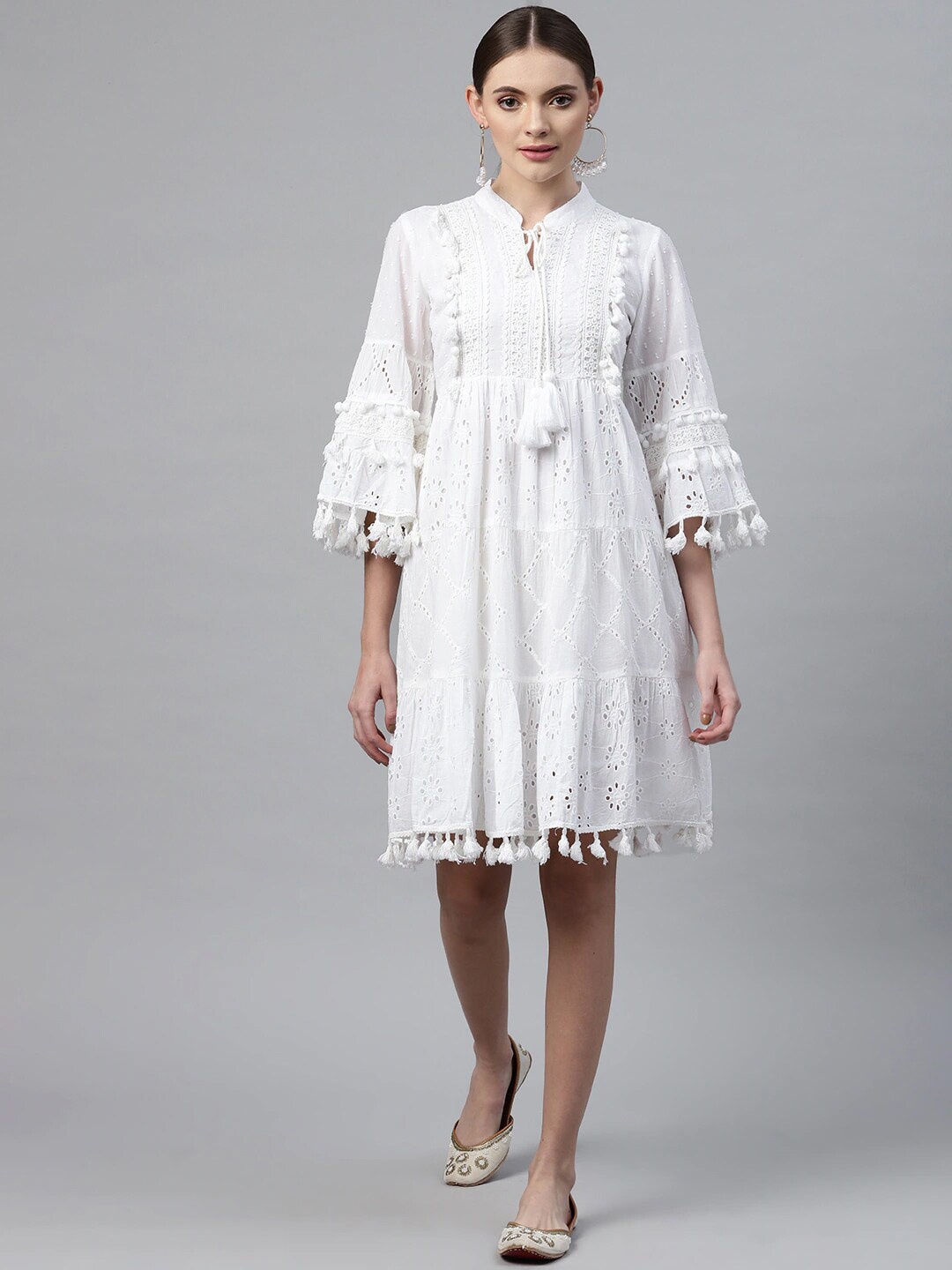 

Readiprint Fashions Tie-Up Neck A-Line Cotton Dress, White