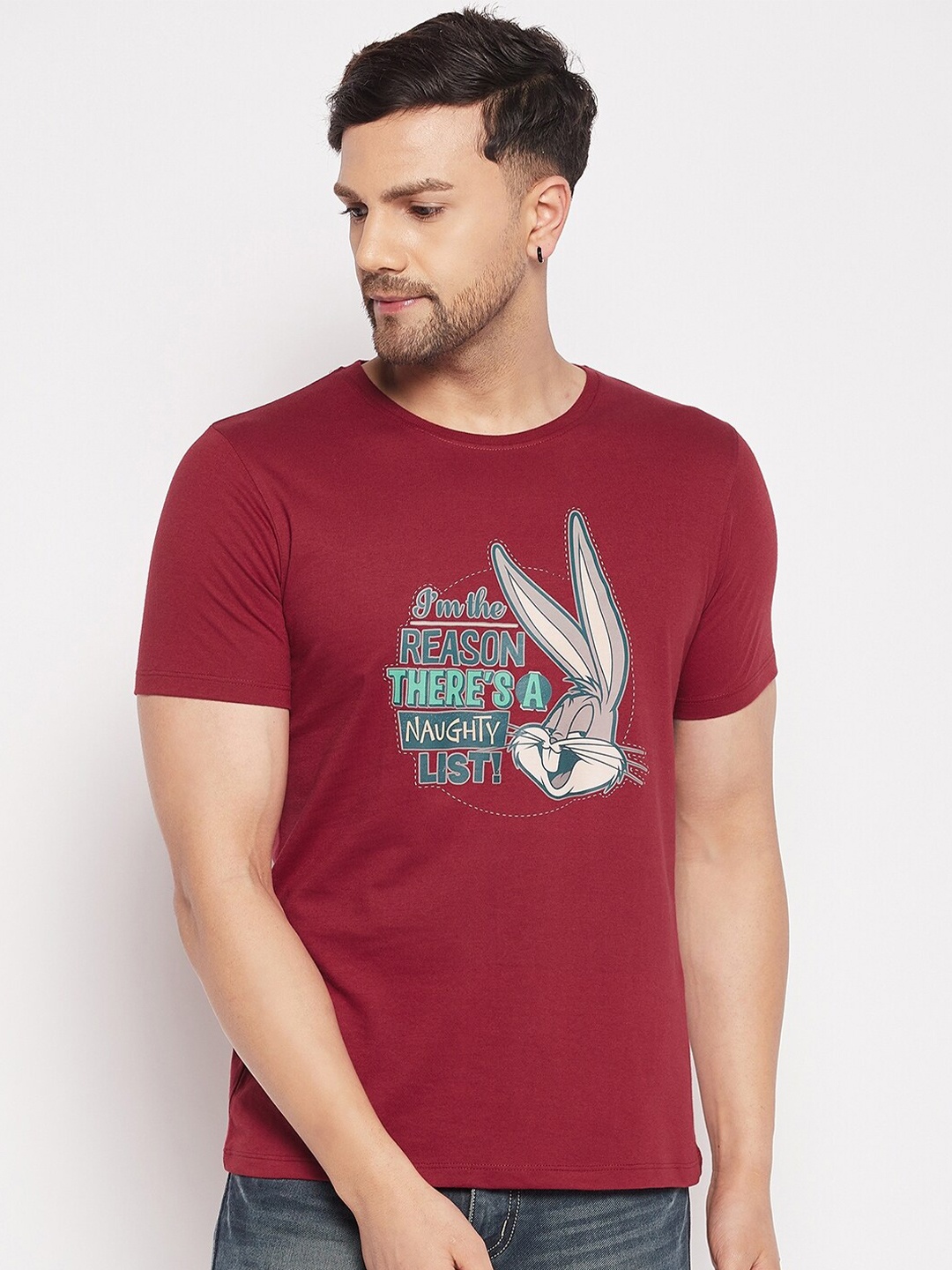 

Looney Tunes by Wear Your Mind Men Looney Tunes Printed Pure Cotton T-shirt, Maroon