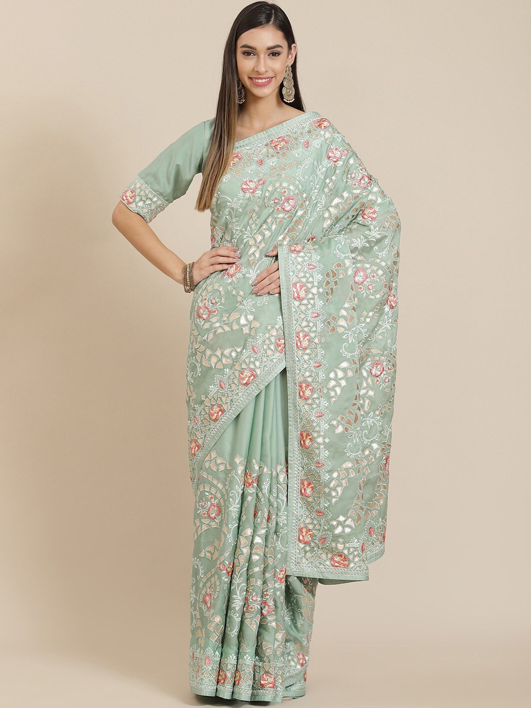 

Readiprint Fashions Floral Embroidered Saree, Sea green