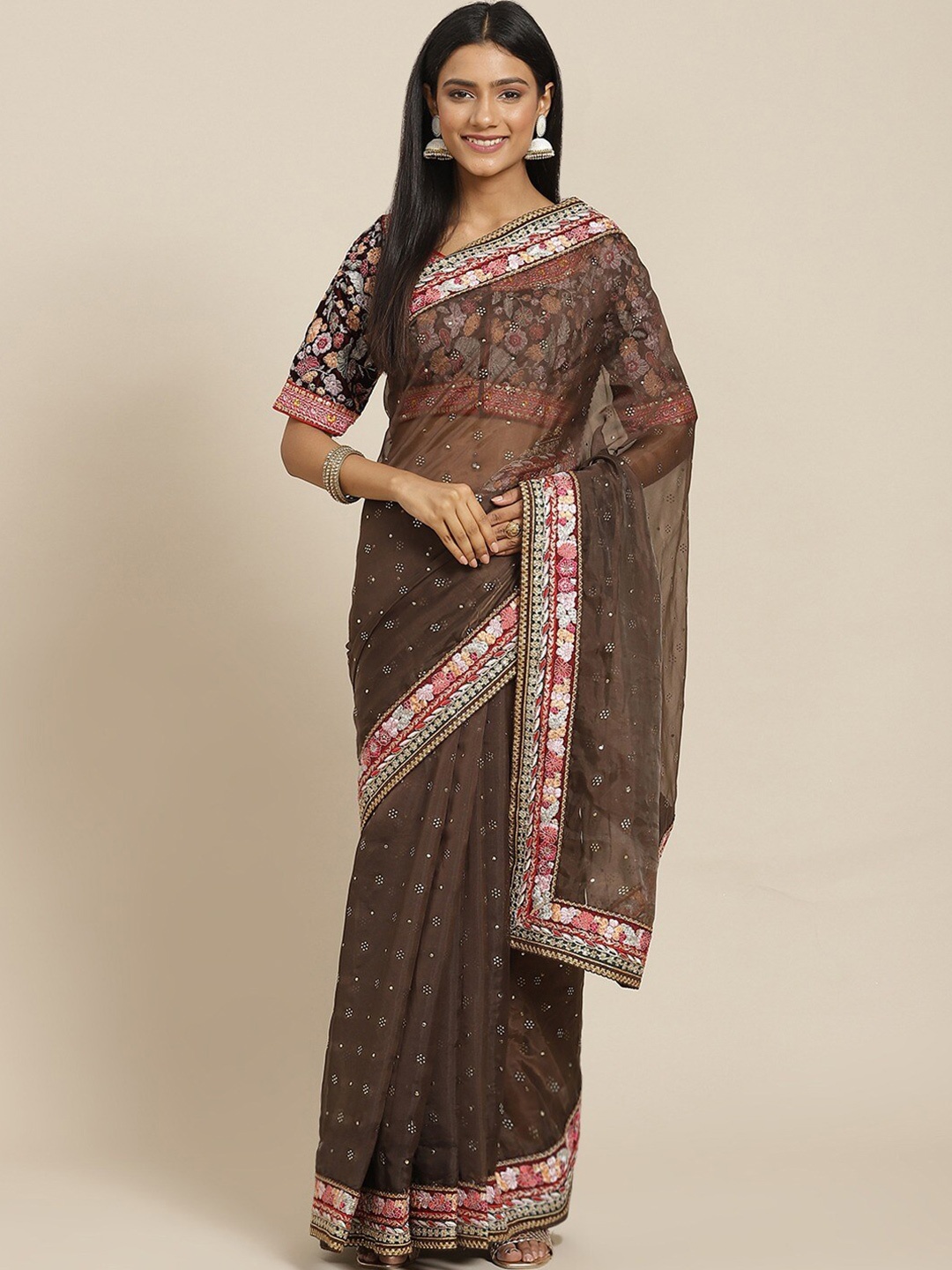 

Readiprint Fashions Floral Embroidered Pure Silk Saree, Brown
