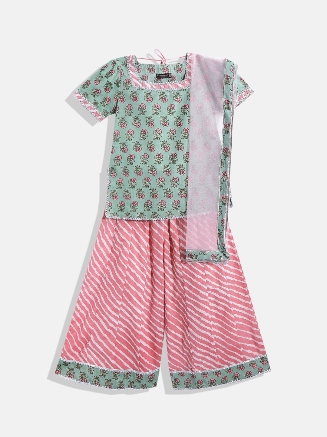 

Readiprint Girls Floral Printed Pure Cotton Kurti With Palazzos & Dupatta, Green