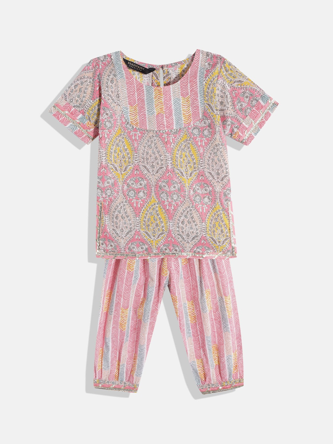 

Readiprint Fashions Girls Ethnic Motifs Printed Gotta Patti Pure Cotton Kurta with Salwar, Pink