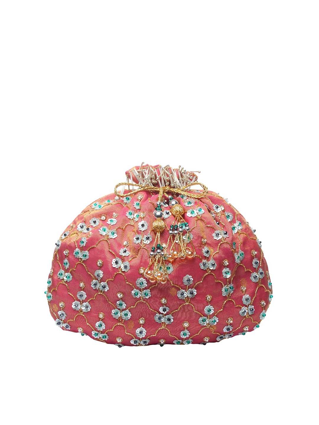 

MODARTA Embellished Silk Potli Bag, Pink