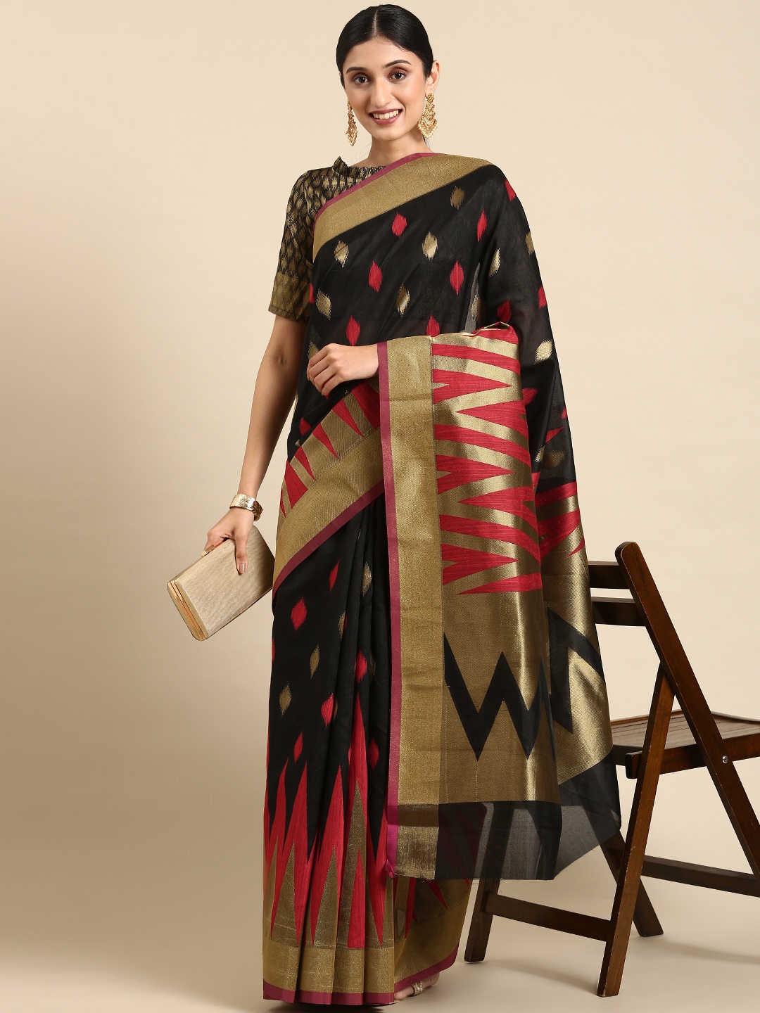 

HRITIKA Silk Cotton Saree, Black