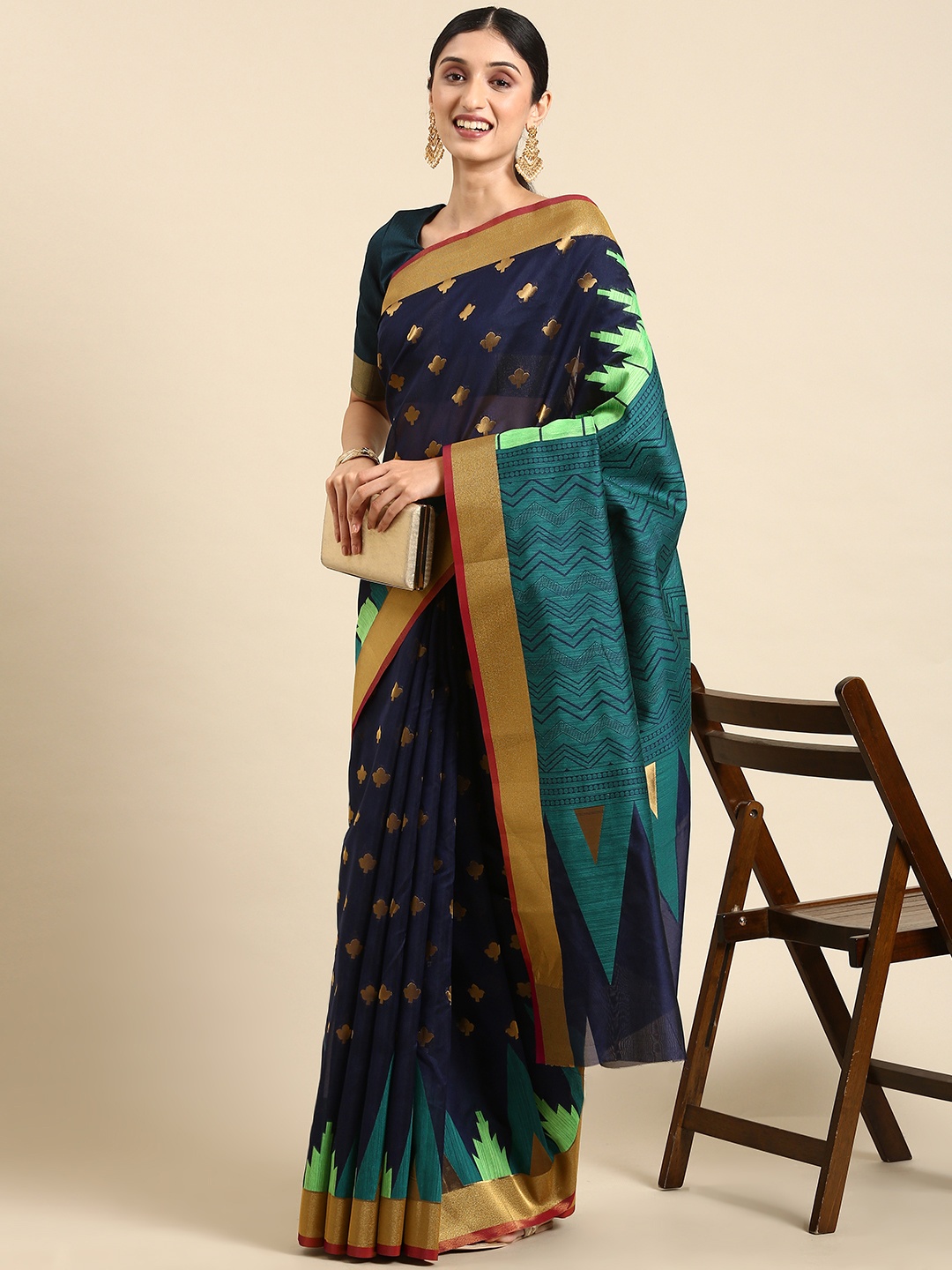 

HRITIKA Ethnic Motifs Zari Silk Cotton Saree, Blue