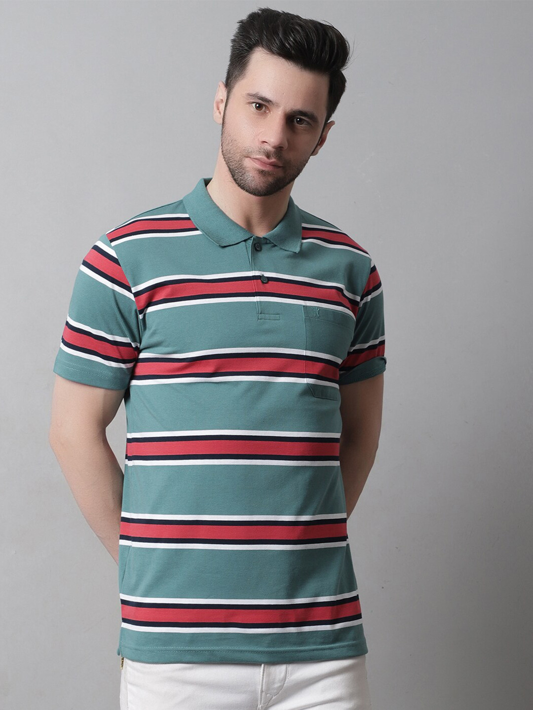 

VENITIAN Men Striped Polo Collar Slim Fit Cotton T-shirt, Blue