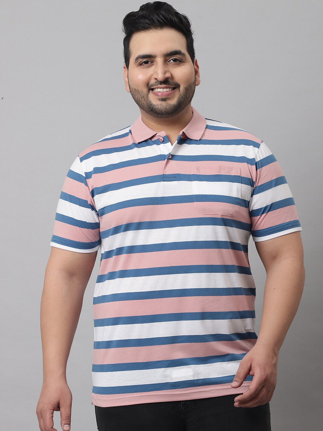 

VENITIAN Men Plus Size Striped Polo Collar Slim Fit Cotton T-shirt, Peach
