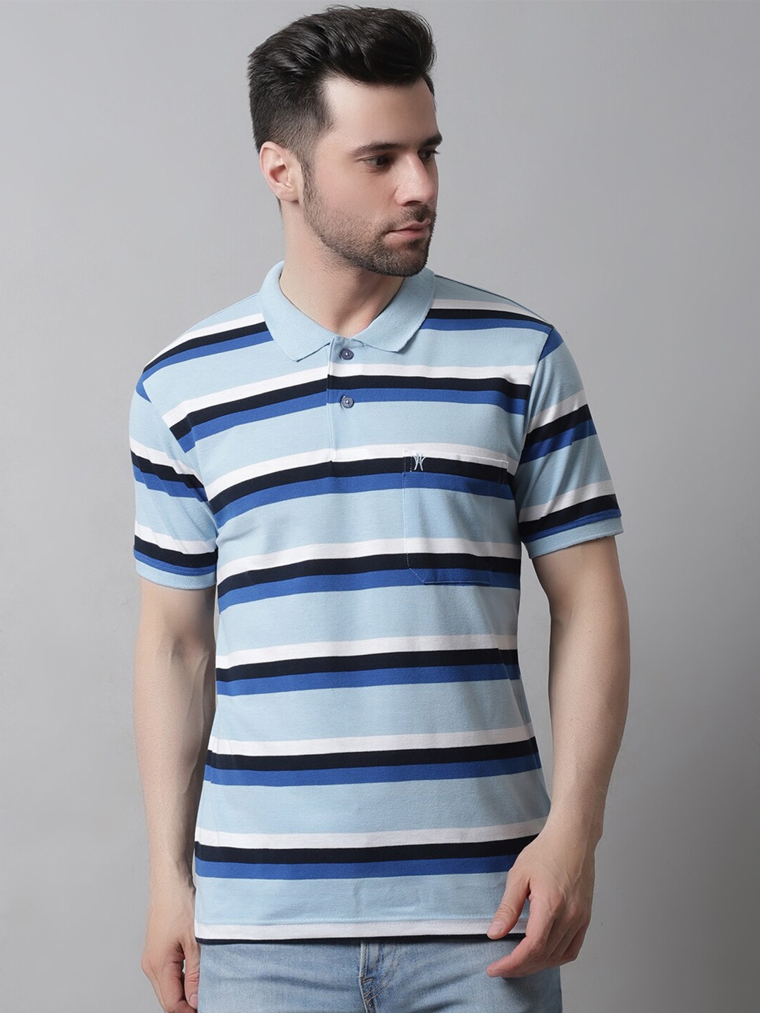 

VENITIAN Men Striped Polo Collar Cotton T-shirt, Blue