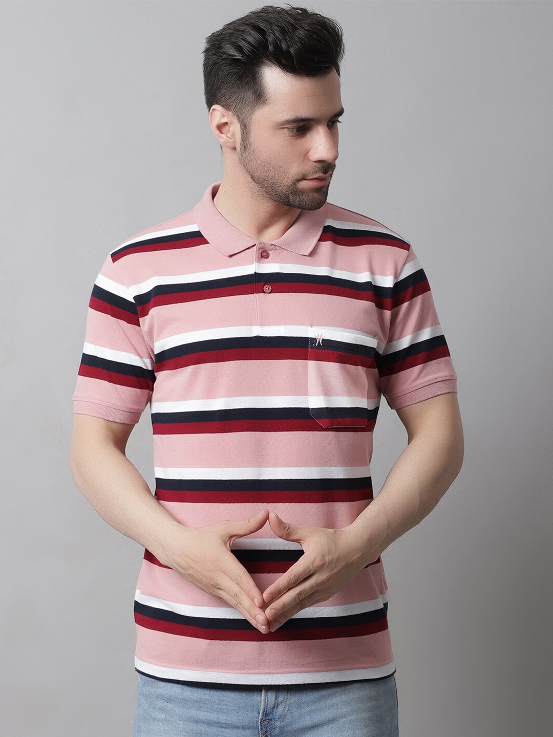 

VENITIAN Men Striped Polo Collar Slim Fit Cotton T-shirt, Pink