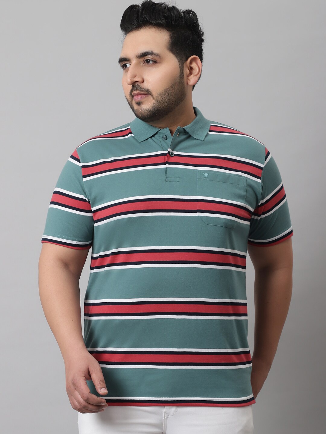

VENITIAN Men Plus Size Striped Polo Collar Cotton T-shirt, Green