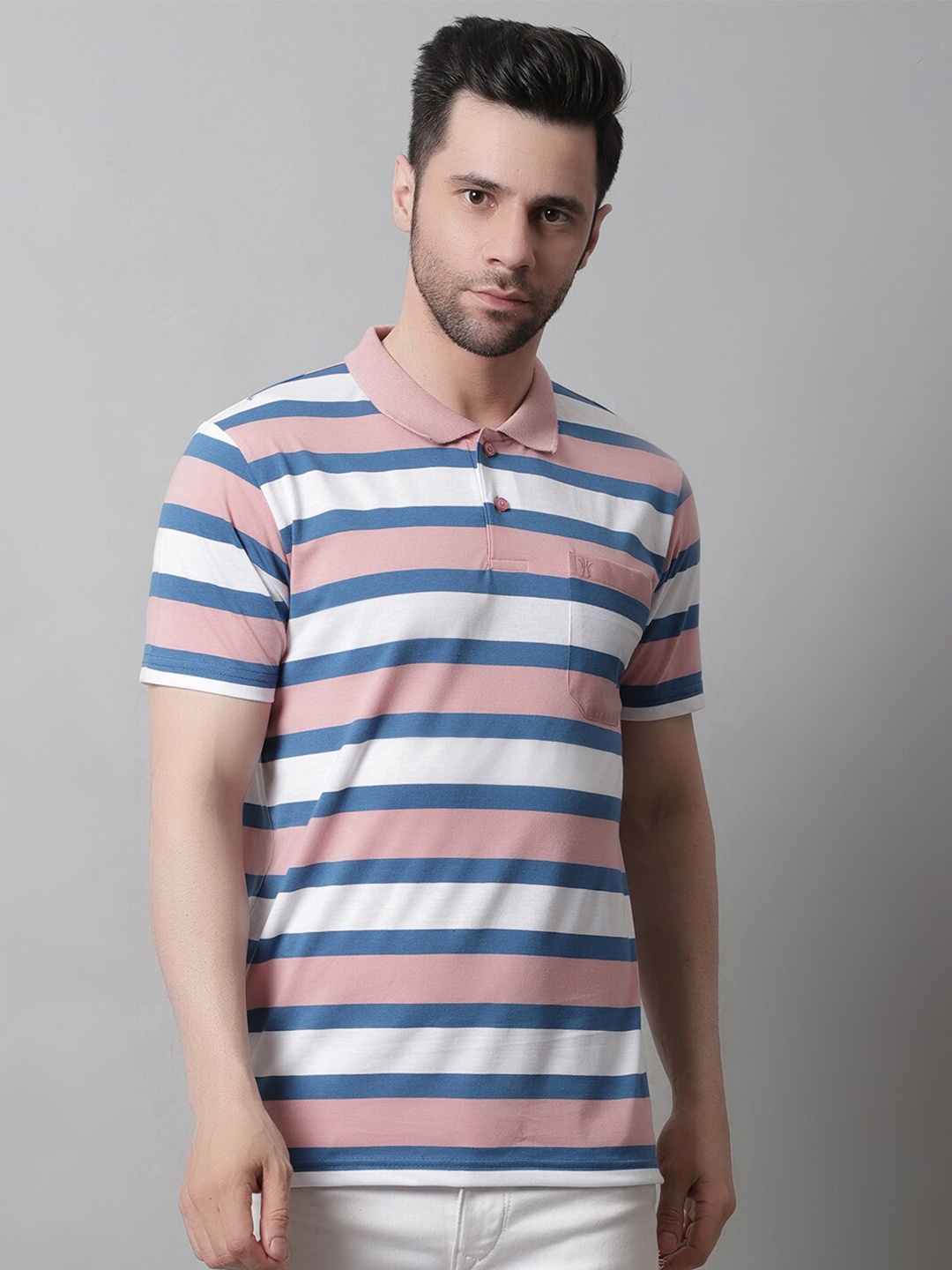 

VENITIAN Men Striped Polo Collar Cotton T-shirt, Peach