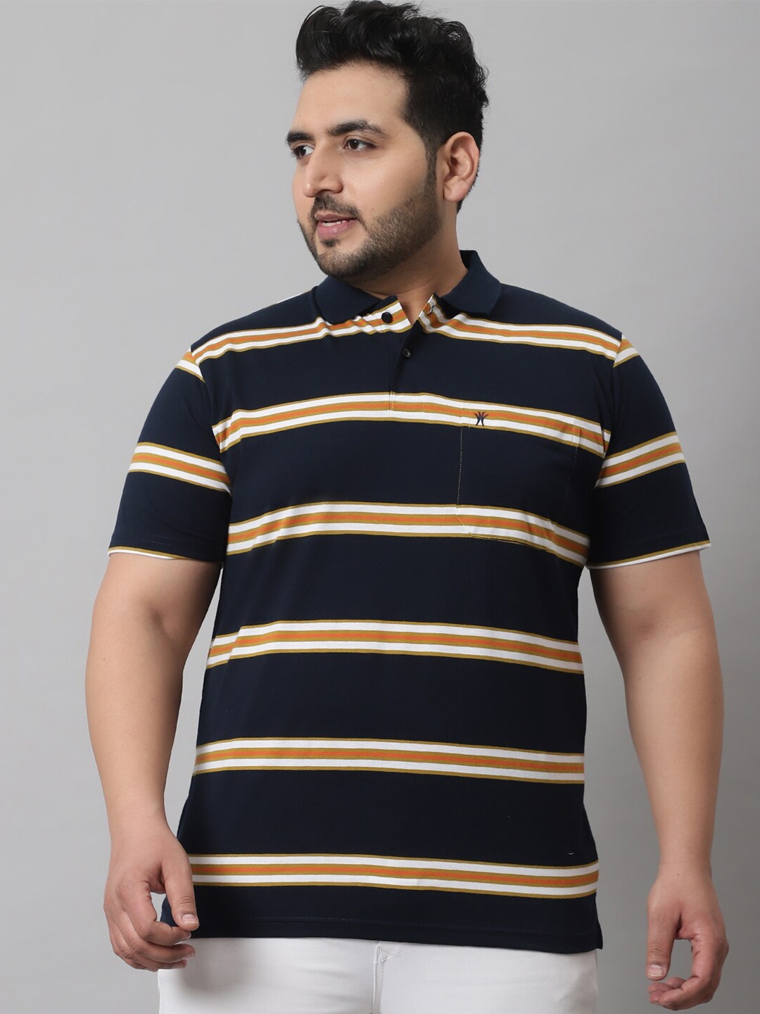 

VENITIAN Men Plus Size Striped Polo Collar Cotton T-shirt, Navy blue